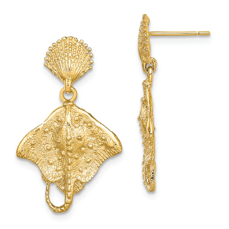14k Yellow Gold Textured Shell and Stingray Dangle Earrings