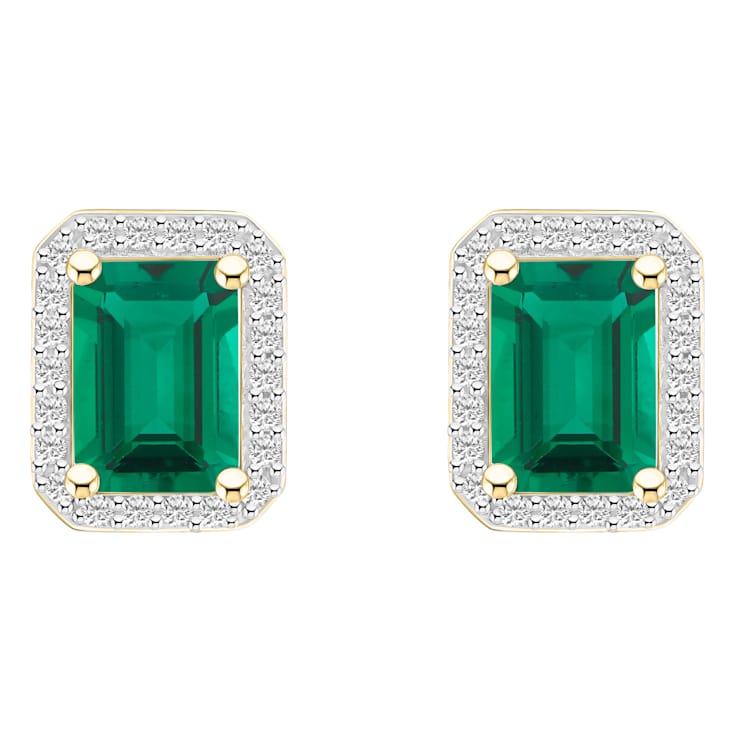 7x5mm Emerald Cut Created Emerald And Created White Sapphire 10k Yellow
Gold Halo Stud Earrings