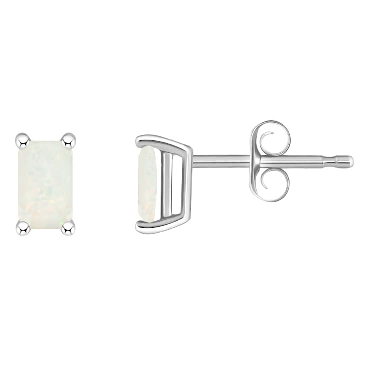 5x3mm Emerald Cut Opal 14k White Gold Stud Earrings
