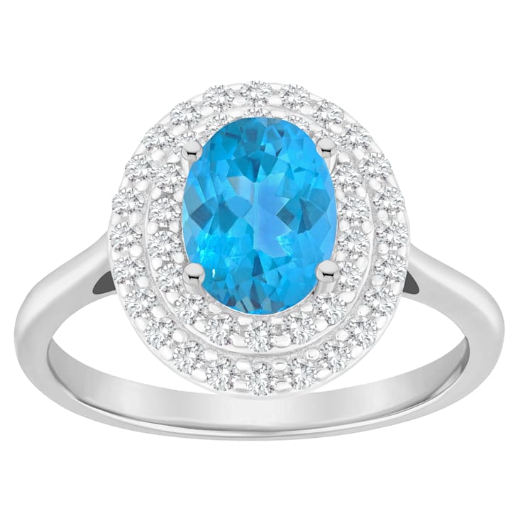 8x6mm Oval Swiss Blue Topaz And White Topaz Accents Rhodium Over
Sterling Silver Double Halo Ring