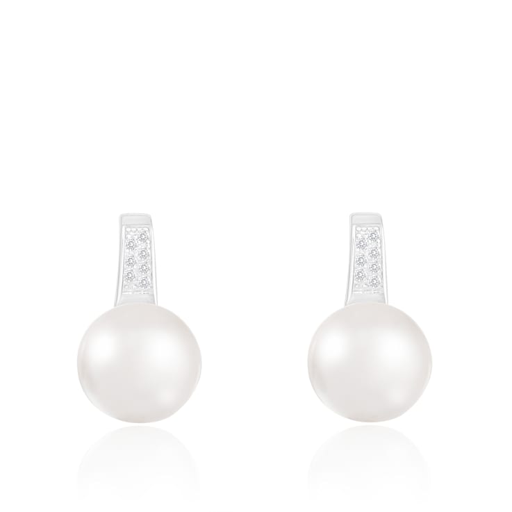 10.5-11mm White Cultured Freshwater Pearl Rhodium Over Sterling Silver Earrings