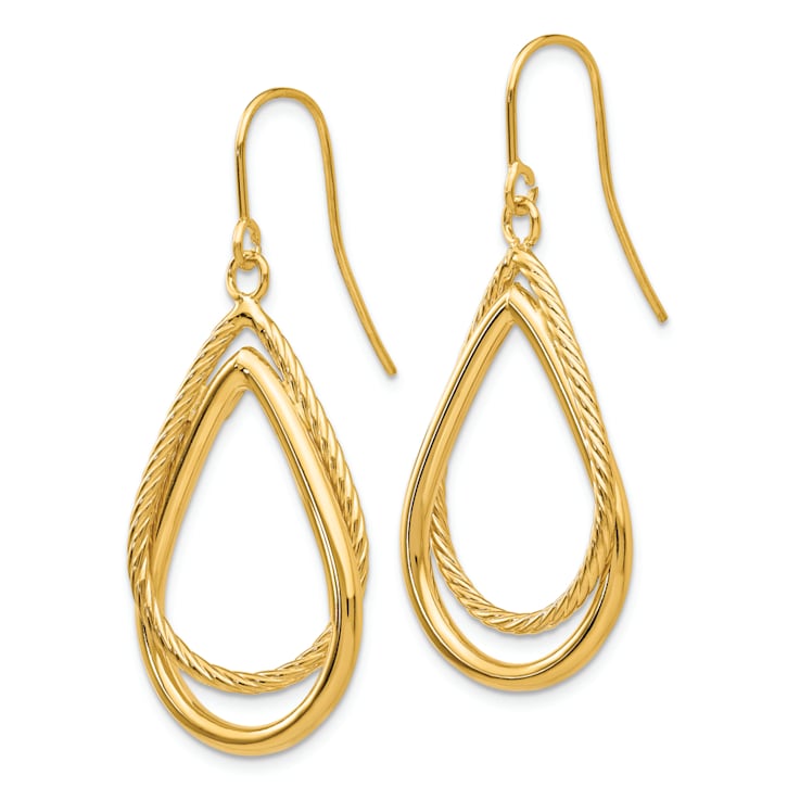 14K Yellow Gold Polished and Textured Teardrop Dangle Earrings
