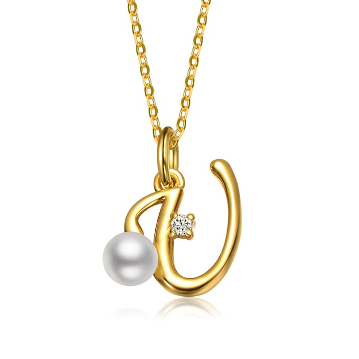Initial U Pear Shape CZ And Pearl Pendant Necklace In 14K Gold Over Brass