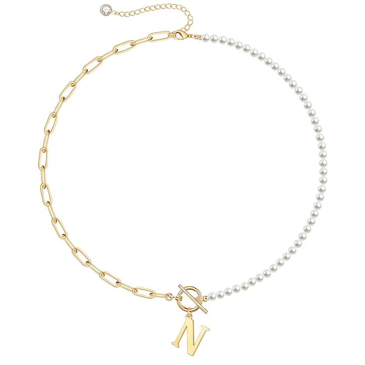 14K Gold Over Brass Initial Pearl Simulant Link Chain Necklace Letter N