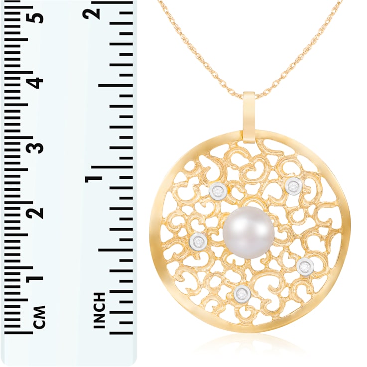 White Cultured Freshwater Pearl and Diamond 14K Yellow Gold Pendant 8-8.5mm