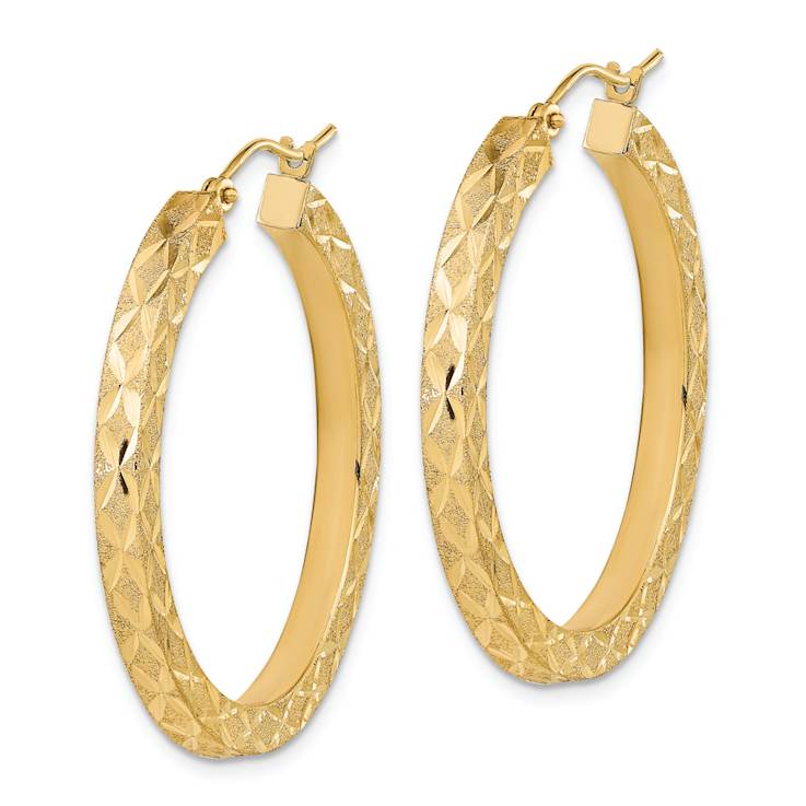 14k Yellow Gold Satin and Diamond-Cut 1 7/16" Hoop Earrings