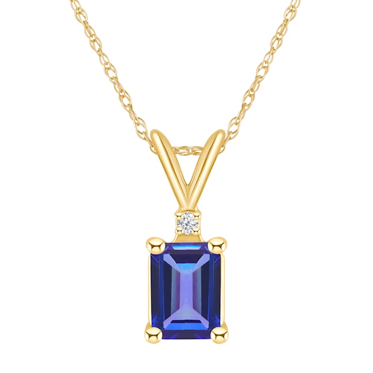 7x5mm Emerald Cut Tanzanite with Diamond Accent 14k Yellow Gold Pendant
With Chain
