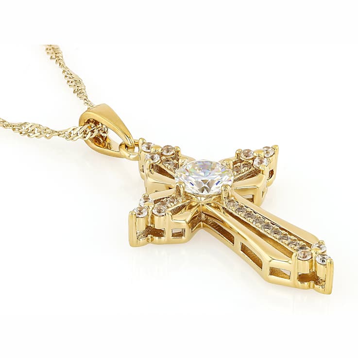 Diamond Simulant And White Zircon Cross Pendant Necklace In 18K Gold
Over Sterling Silver 1.52ctw