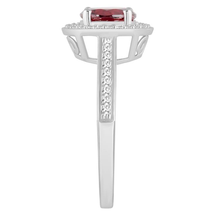 7mm Round Garnet 1/5 ctw Diamond Rhodium Over Sterling Silver Halo Ring