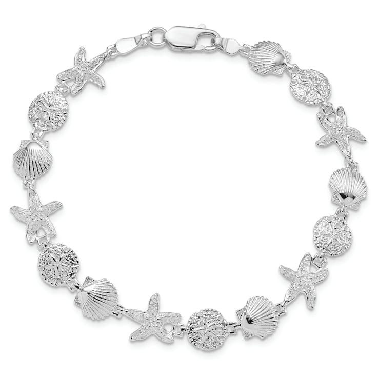 Rhodium Over Sterling Silver Polished Sand Dollar, Shell, Starfish Bracelet