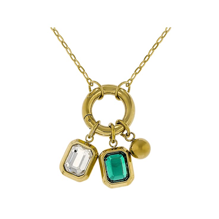 Green And Clear Emerald-Cut Charm Necklace In Gold-Tone 20 Inch