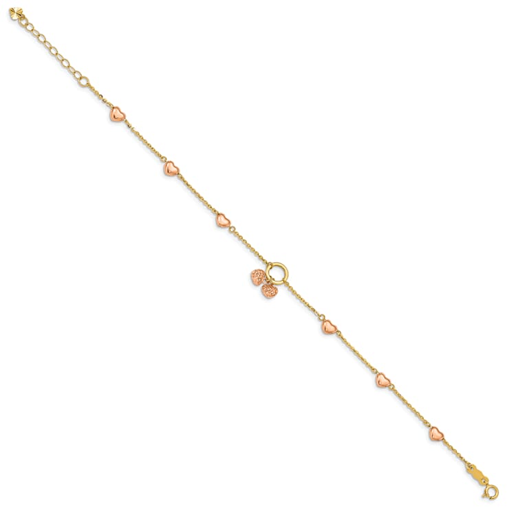 14K Two-tone Diamond-cut Hearts with 1 Inch Extension Bracelet