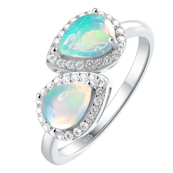 Pear Shape Opal And Zircon Halo Bypass Ring In Sterling Silver