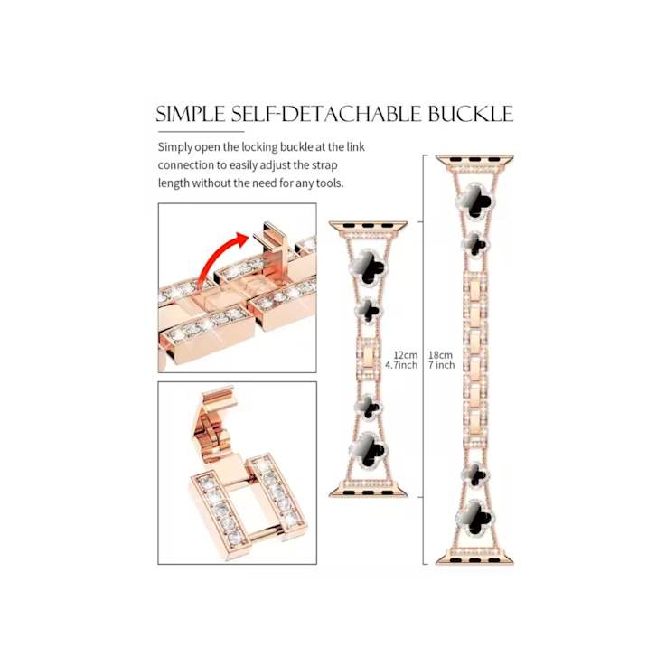 Black Crystal with Four Leaf Clover Rose Stainless Steel Apple Watch
Band (38/40/41mm) BAND ONLY