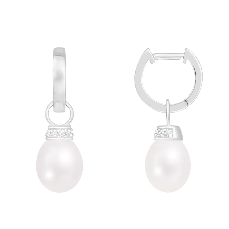 8-8.5mm White Cultured Freshwater Pearl Rhodium Over Sterling Silver Earrings