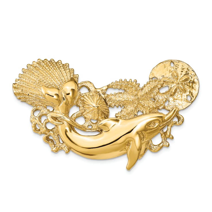 14k Yellow Gold Textured Dolphin and Shell Cluster Slide Pendant