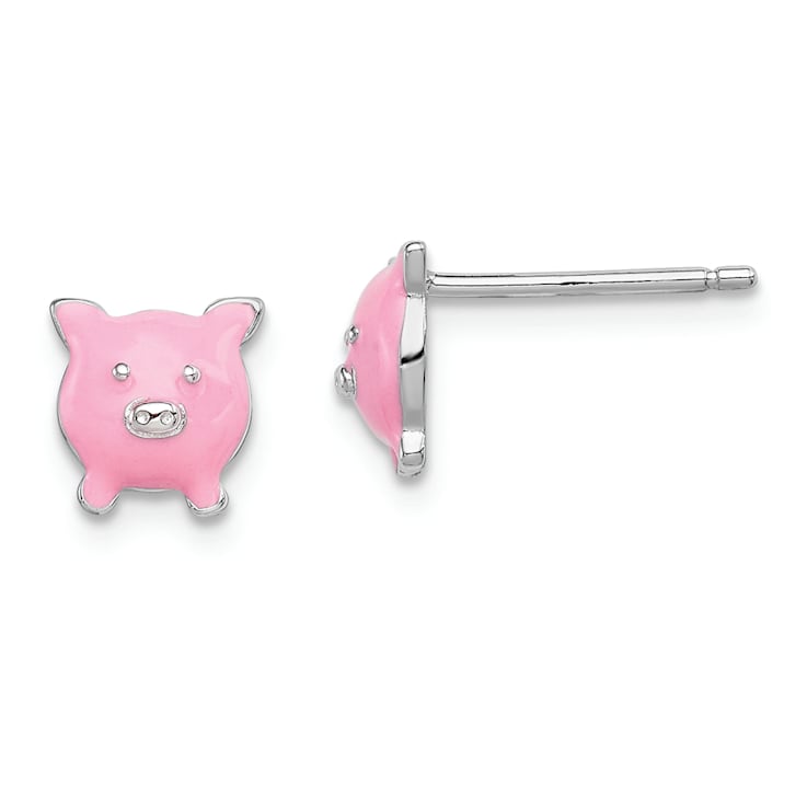 Rhodium Over Sterling Silver Enamel Pig Child's Post Earrings