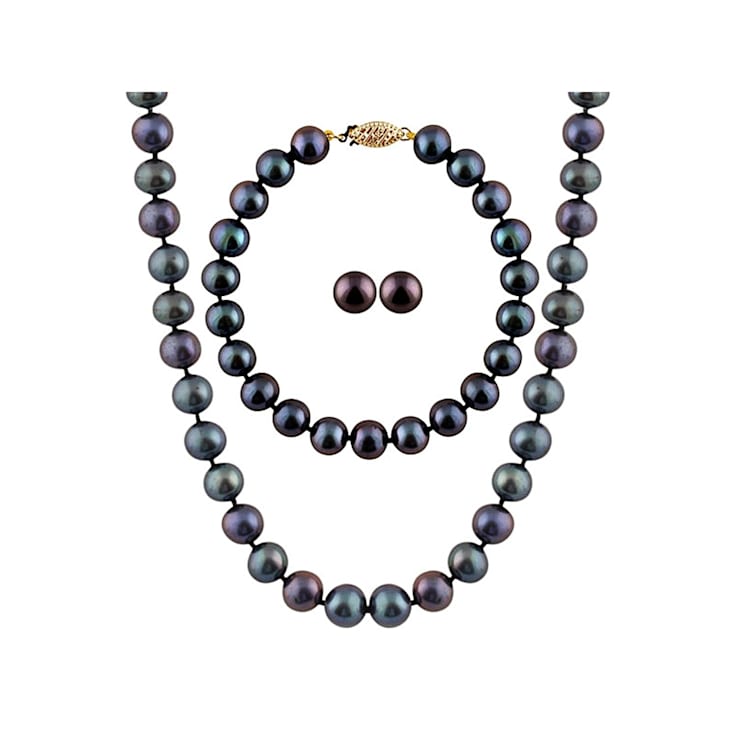 7-7.5mm Black Cultured Freshwater Pearl 14k Yellow Gold Jewelry Set