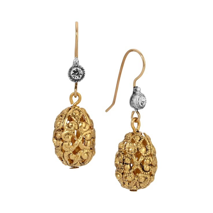 Gold Tone Filigree Bead With Clear Crystal Drop Wire Earrings