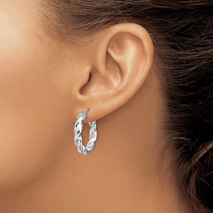 Rhodium Over Sterling Silver 4x14mm Twisted Hoop Earrings