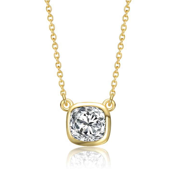 Square Cushion CZ Bezel Solitaire Necklace In 14K Gold Over Sterling Silver