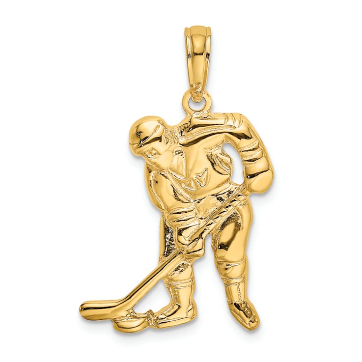 14k Yellow Gold Textured Hockey Player with Stick and Puck Charm