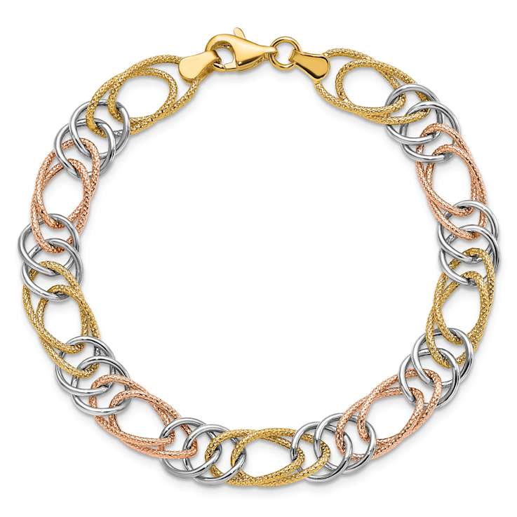 14k tri-color gold 8.5mm Textured 3D Fancy Double Link Bracelet