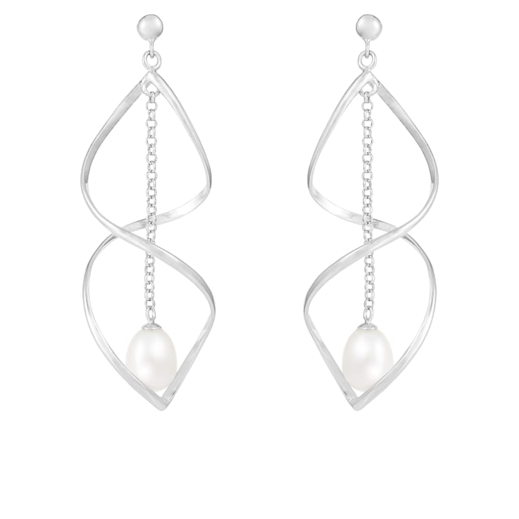 8-9mm White Cultured Freshwater Pearl Rhodium Over Sterling Silver Earrings
