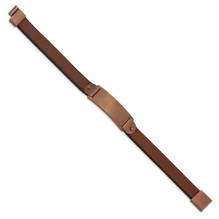 Stainless Steel Brushed Brown Ion Plated Brown Leather 8.5-inch ID Bracelet
