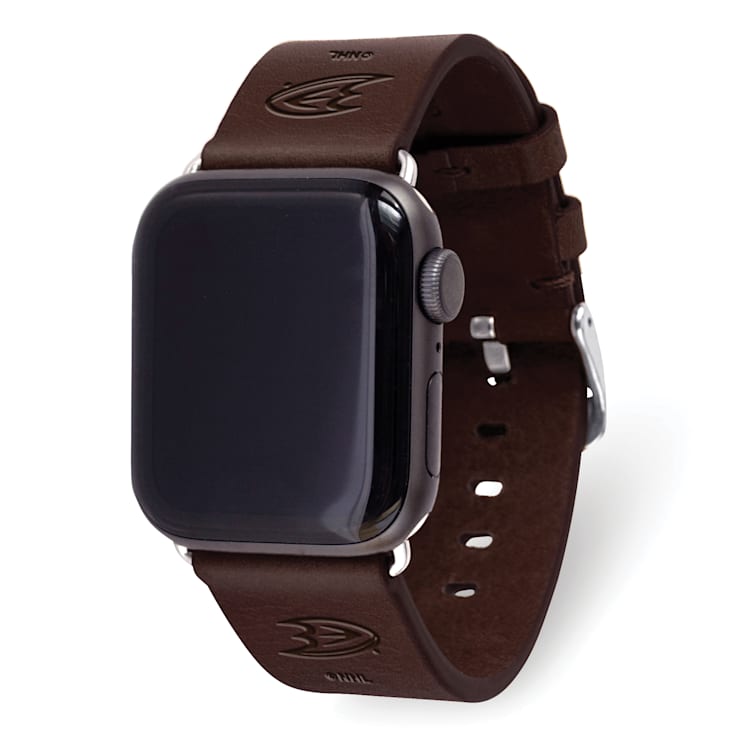 Gametime NHL Anaheim Ducks Brown Leather Apple Watch Band (38/40mm S/M).
Watch not included.