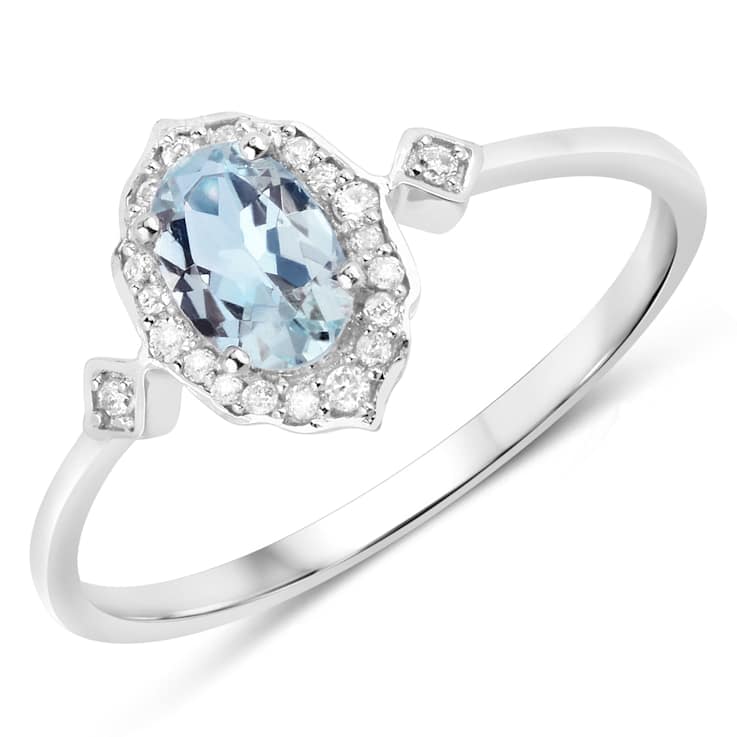 Blue Aquamarine and White Diamond 14K White Gold Halo Ring