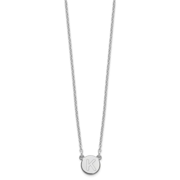 Rhodium Over Sterling Silver Tiny Circle Block Letter K Initial Necklace
