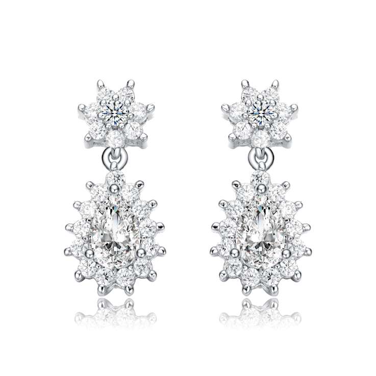 Pear Shape CZ Flower Cluster Drop Earrings In White Rhodium Over Brass