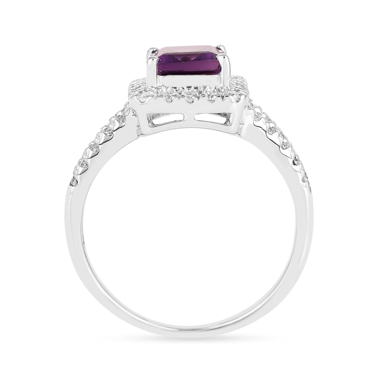 Amethyst with Moissanite Accents Rhodium Over Sterling Silver Split
Shank Ring