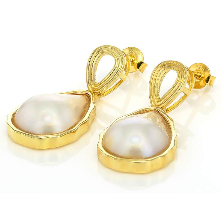 Large South Sea Mabe Pearl Drop Earrings In 18K Gold Over Sterling Silver