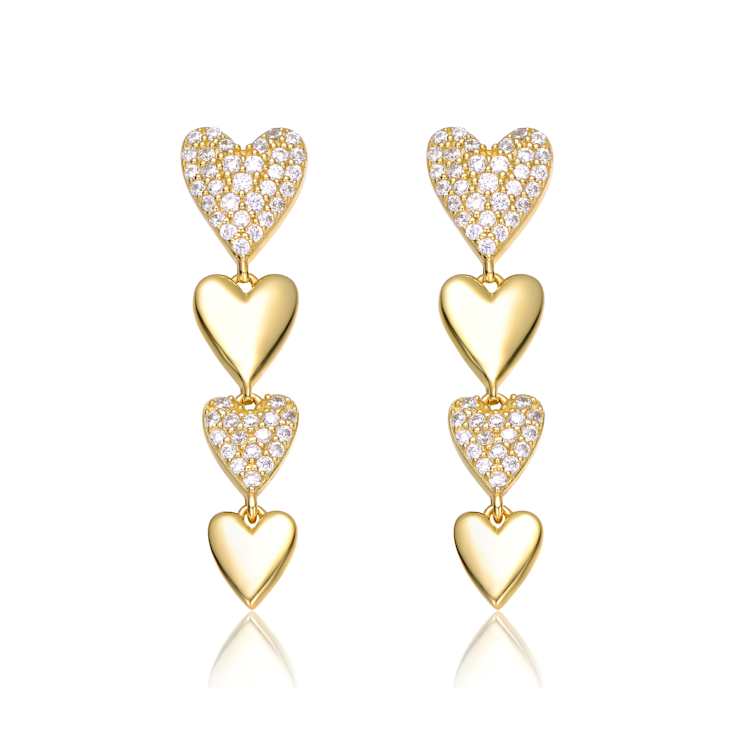 CZ Pave Double Heart Drop Earrings In 14K Gold Over Sterling Silver