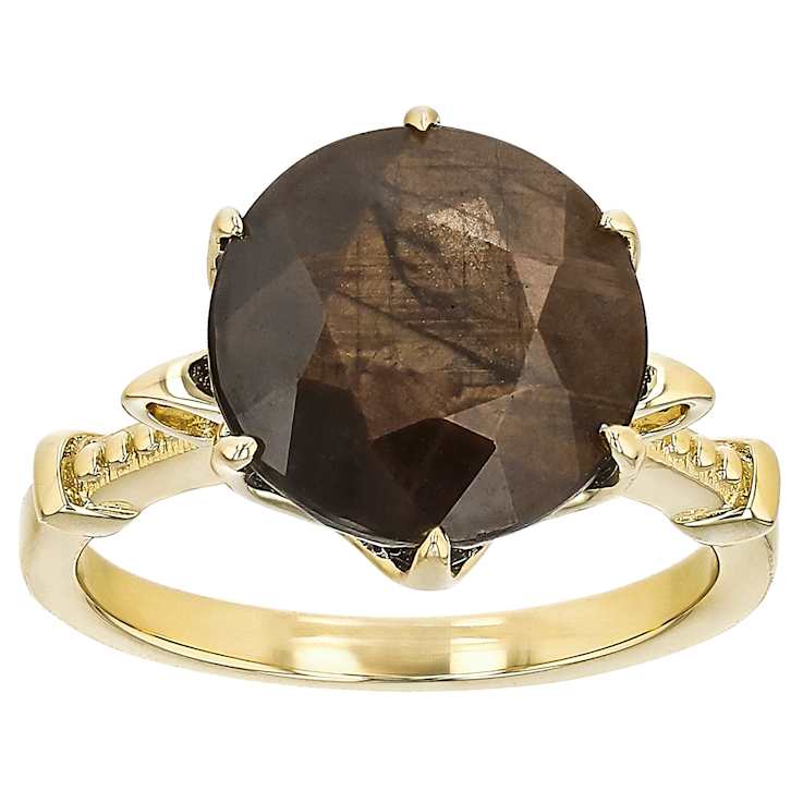 Golden Sheen Sapphire Round Solitaire Ring In 18K Gold Over Sterling
Silver 8.03ct