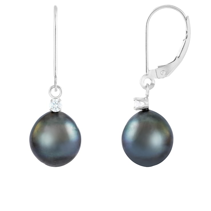 14k white gold leverback earrings with .10CT DTW and 8-9mm Tahitian pearls