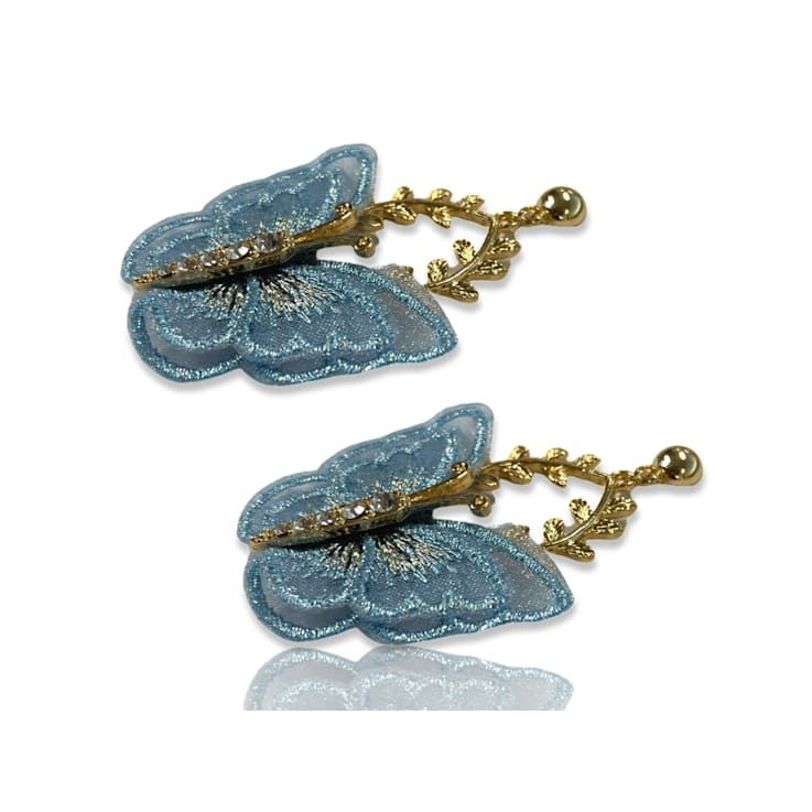 Gold Tone Blue Fabric Butterfly Earrings