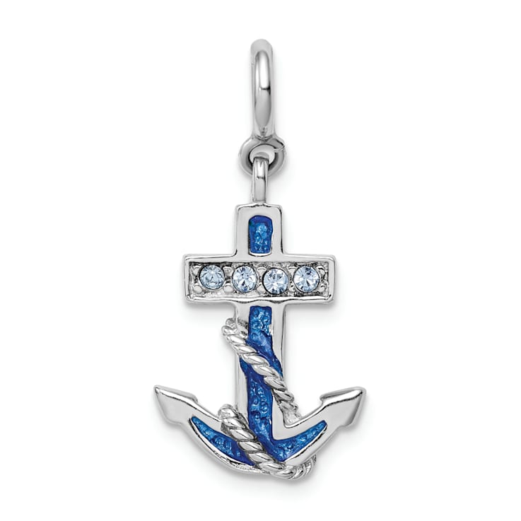 Rhodium Over Sterling Silver Crystals and Blue Enamel Anchor Charm