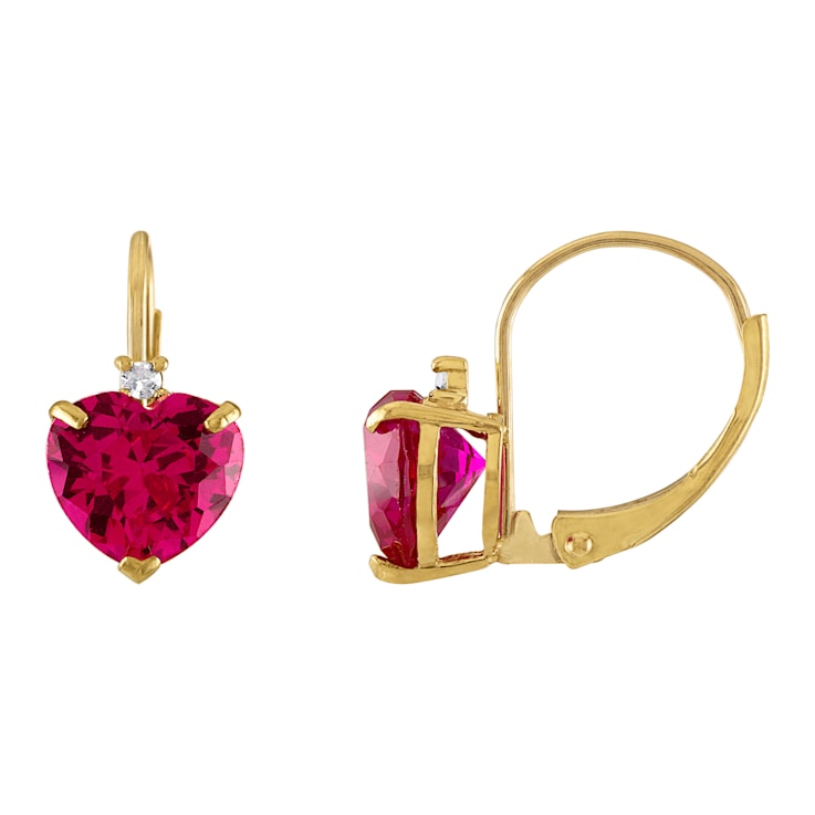 10K Yellow Gold Lab Created Ruby and Diamond Heart Leverback Earrings 2.53ctw