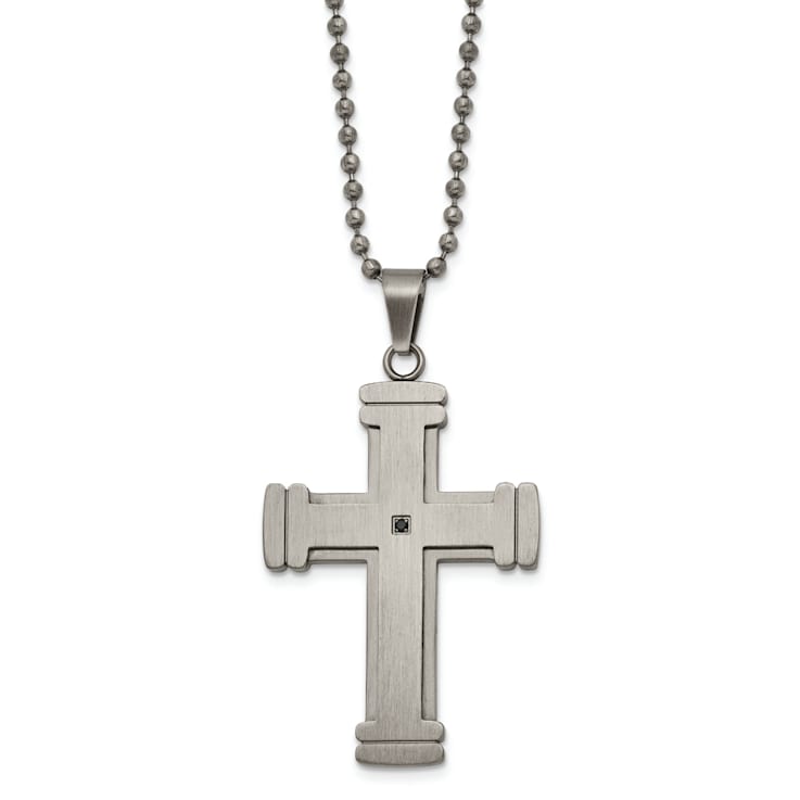 Black Cubic Zirconia Stainless Steel Men's Cross Pendant With Chain