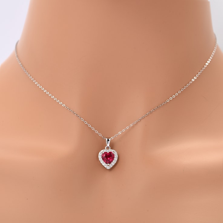 Red Lab Created Ruby With Moissanite Accents Rhodium Over Silver Heart Pendant