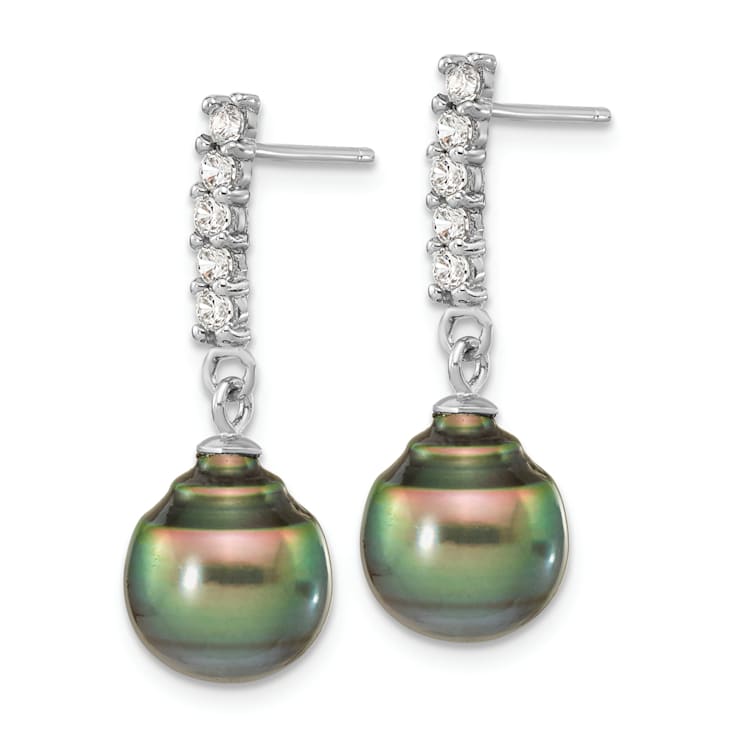Rhodium Over Sterling Silver 9-10mm Tahitian Pearl Cubic Zirconia
Earring and Necklace Set
