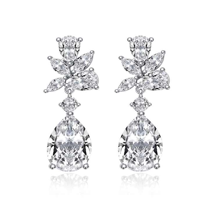 Pear Shape CZ Cluster Drop Earrings In White Gold Over Brass
