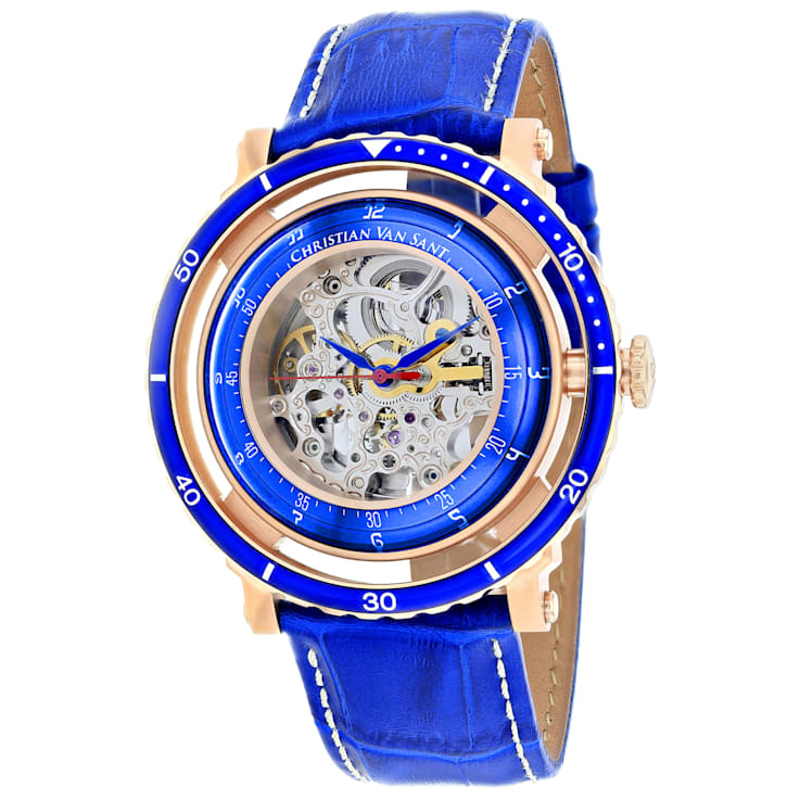 Christian Van Sant Men's Dome White Skeleton Dial, Blue Bezel, Blue
Leather Strap Watch