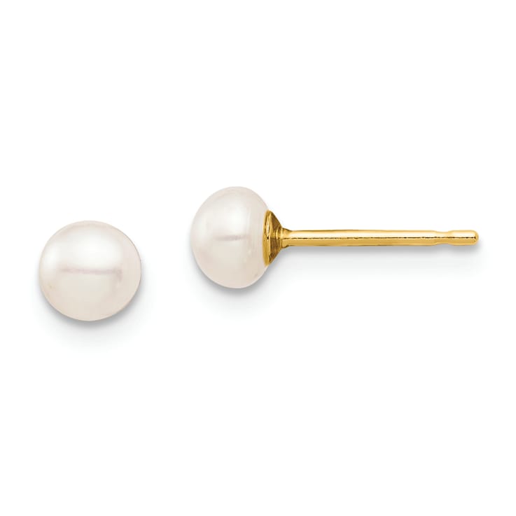 14K Yellow Gold 4-5mm White Button Freshwater Cultured Pearl Stud Post Earrings