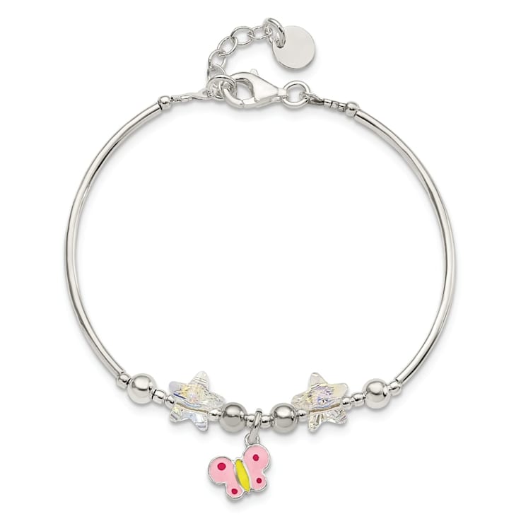 Sterling Silver Enamel Crystal Butterfly Stars with 1-inch Extension Bracelet