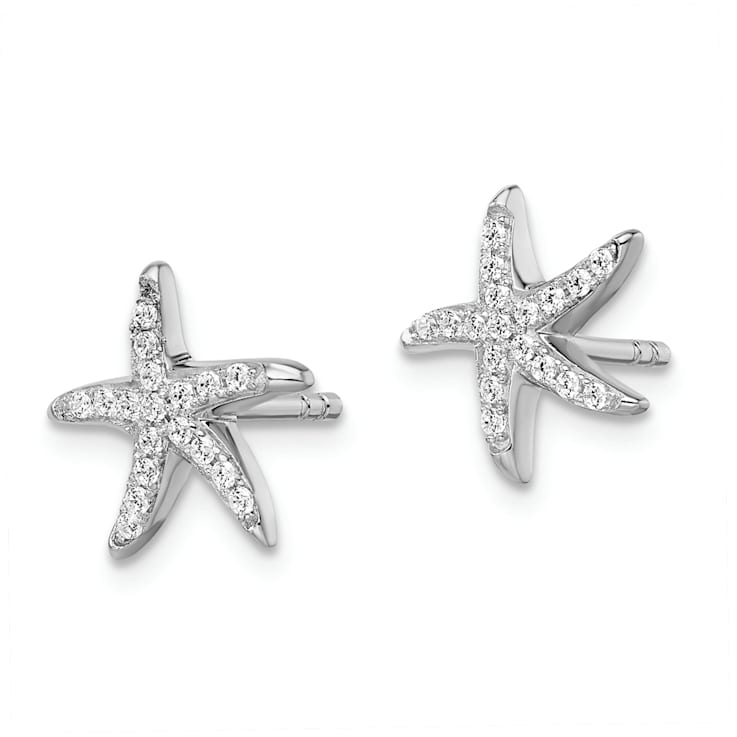 Rhodium Over Sterling Silver Cubic Zirconia Starfish Earrings