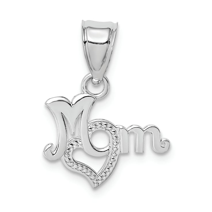 Rhodium Over 14k White Gold Textured MOM with Heart Pendant